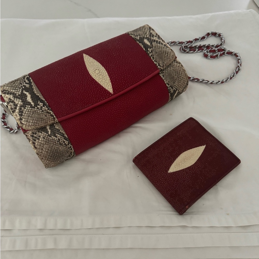 Handmade genuine galuchat (stingray leather) and python skin red handbag